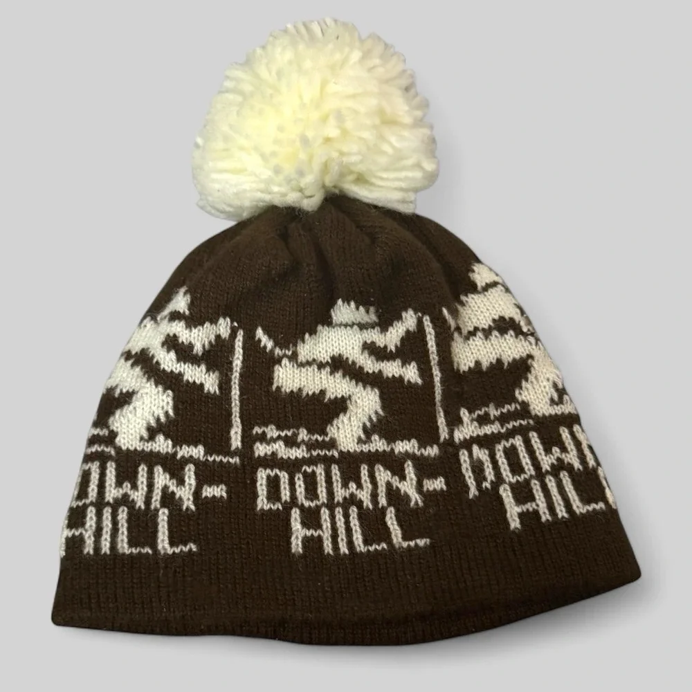 Vintage Toddler/Baby Down Hill Ski Beanie Brown White Chunky Knit Pom Pom Hat‎